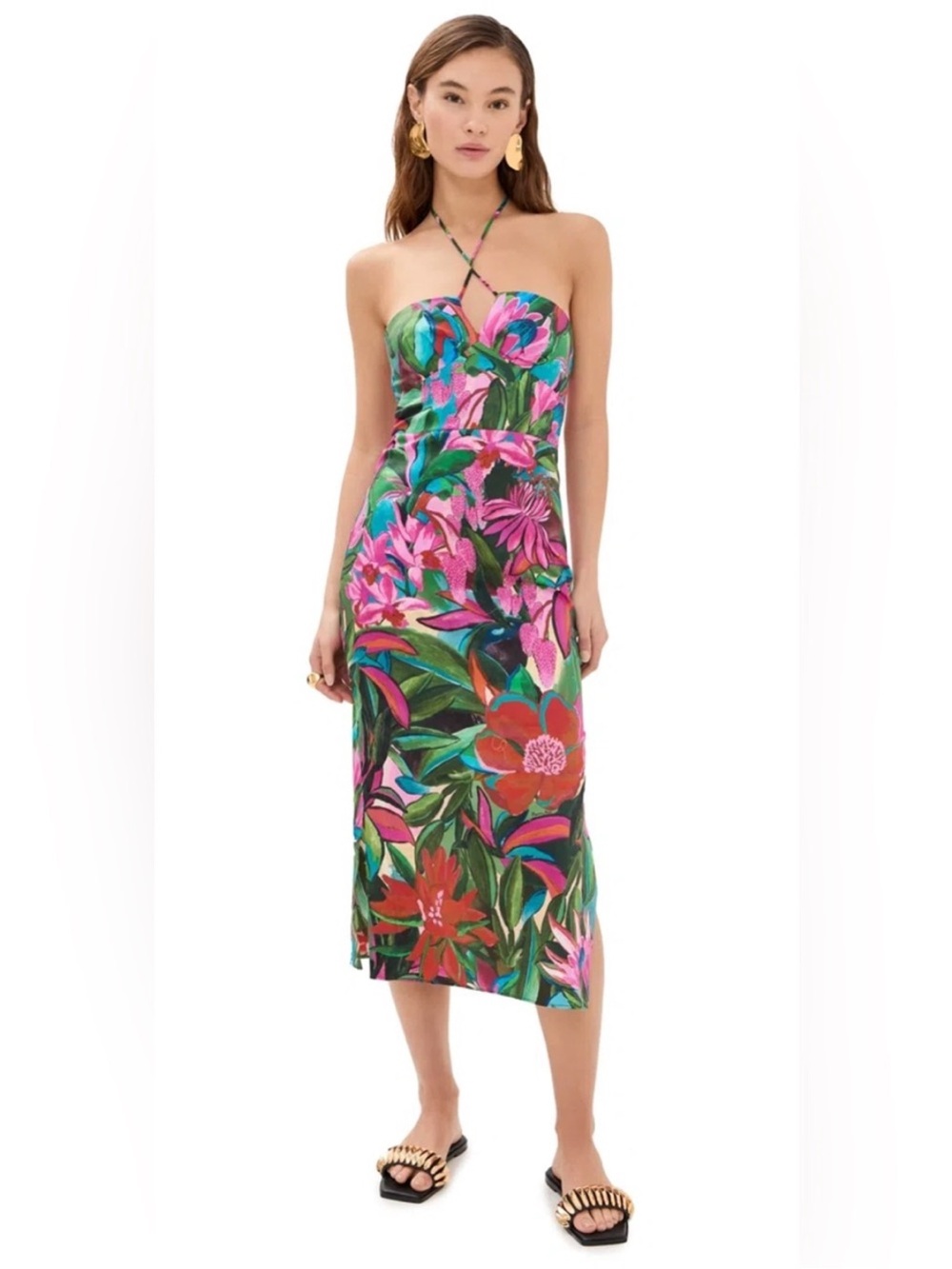 FARM Rio Strapless Tropical Floral Midi Dress in Pink, Green & Red